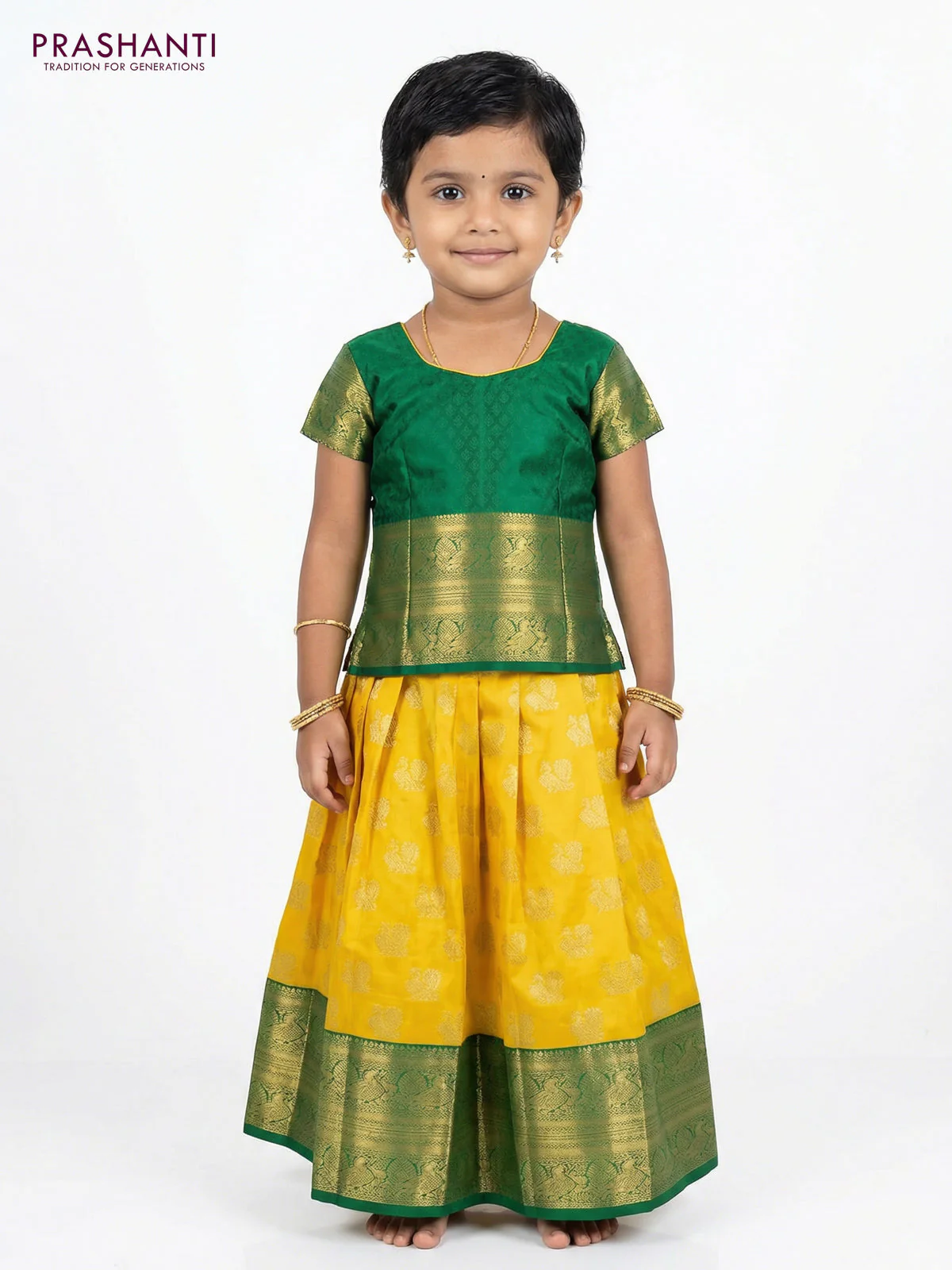 Pure silk unstitched kids lehenga yellow and green with allover silver zari woven annam buttas and rich zari woven border - Image 2