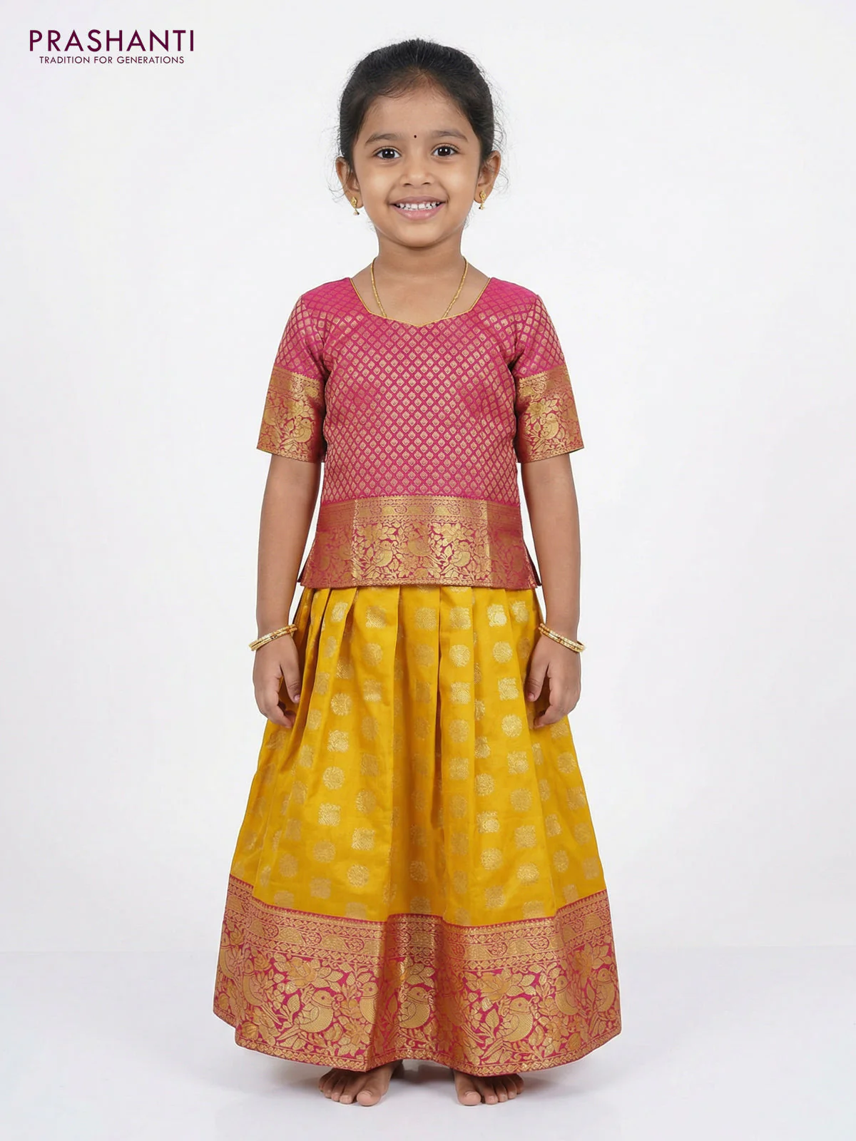 Pure silk unstitched kids lehenga yellow and magenta pink with allover silver zari woven buttas and rich zari woven border - Image 2