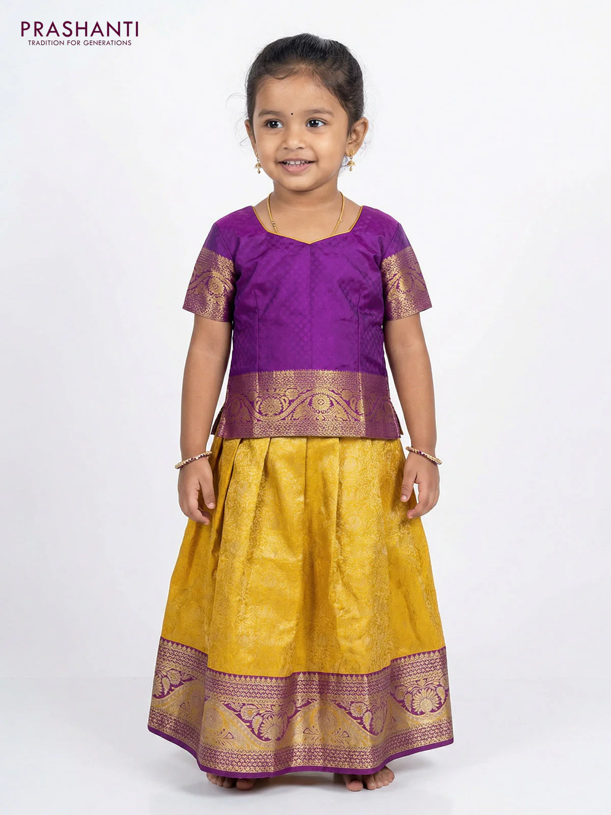 Pure silk unstitched kids lehenga yellow and purple with allover silver zari woven brocade weaves and rich zari woven border - Image 2