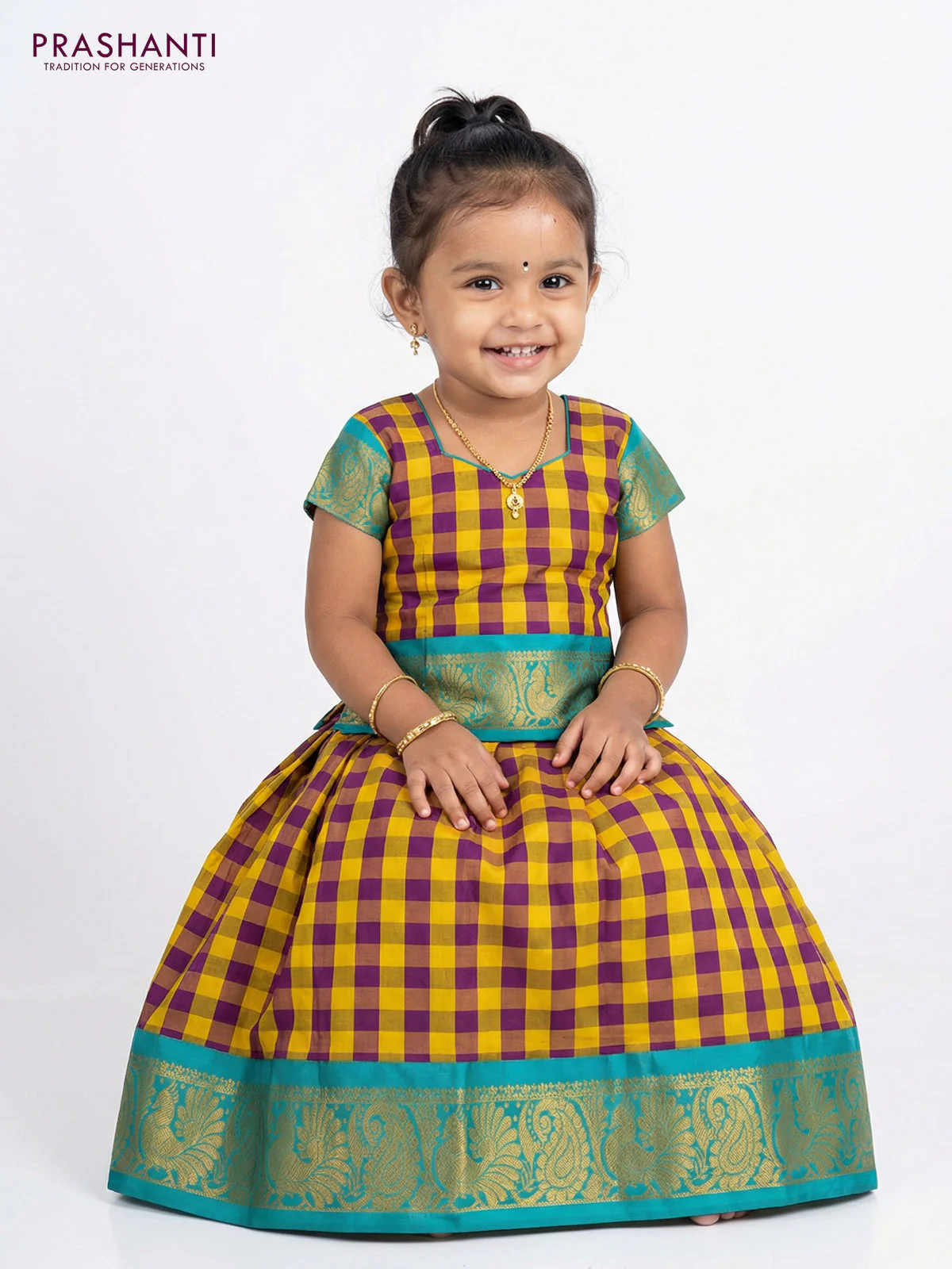 Pure silk unstitched kids lehenga yellow purple and teal blue with allover paalum pazhamum checks and zari woven border - Image 2
