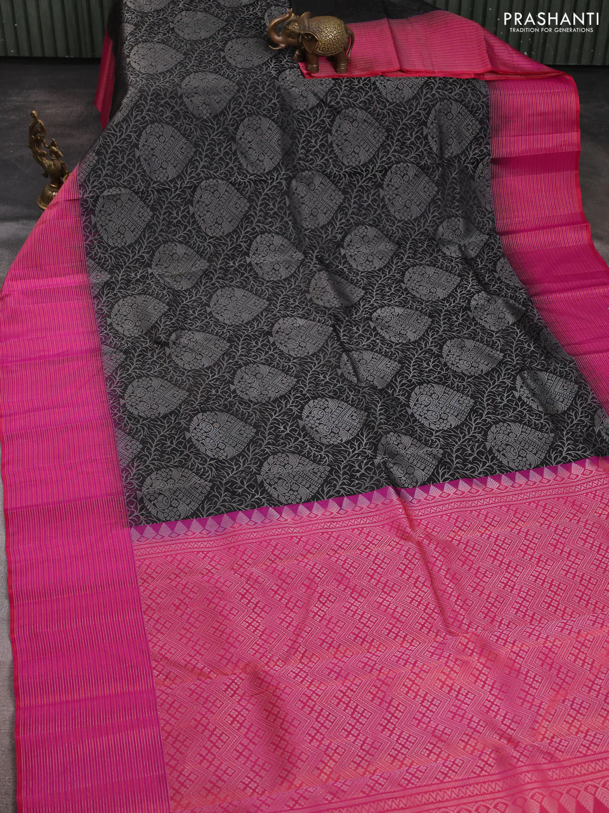 Pure soft silk saree black and pink with allover silver brocade zari weaves and silver zari woven border - Image 2