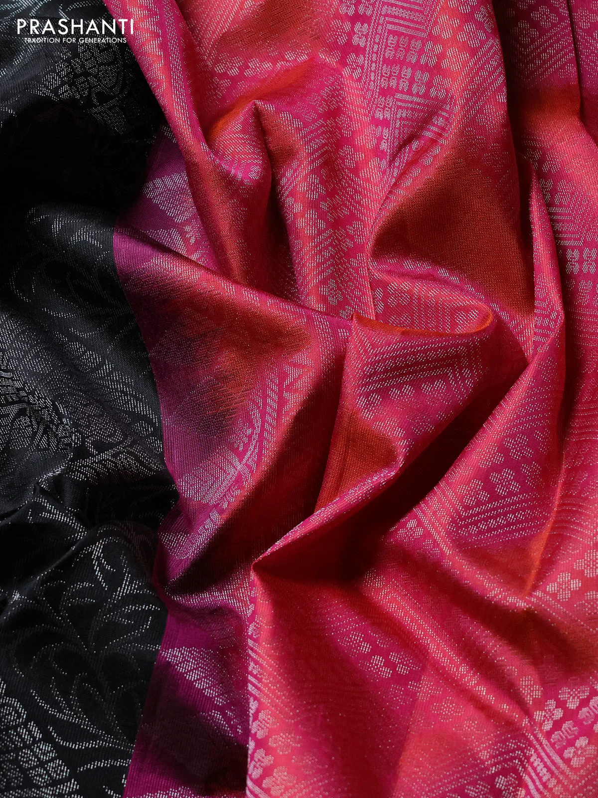 Pure soft silk saree black and pink with allover silver brocade zari weaves and silver zari woven border - Image 3