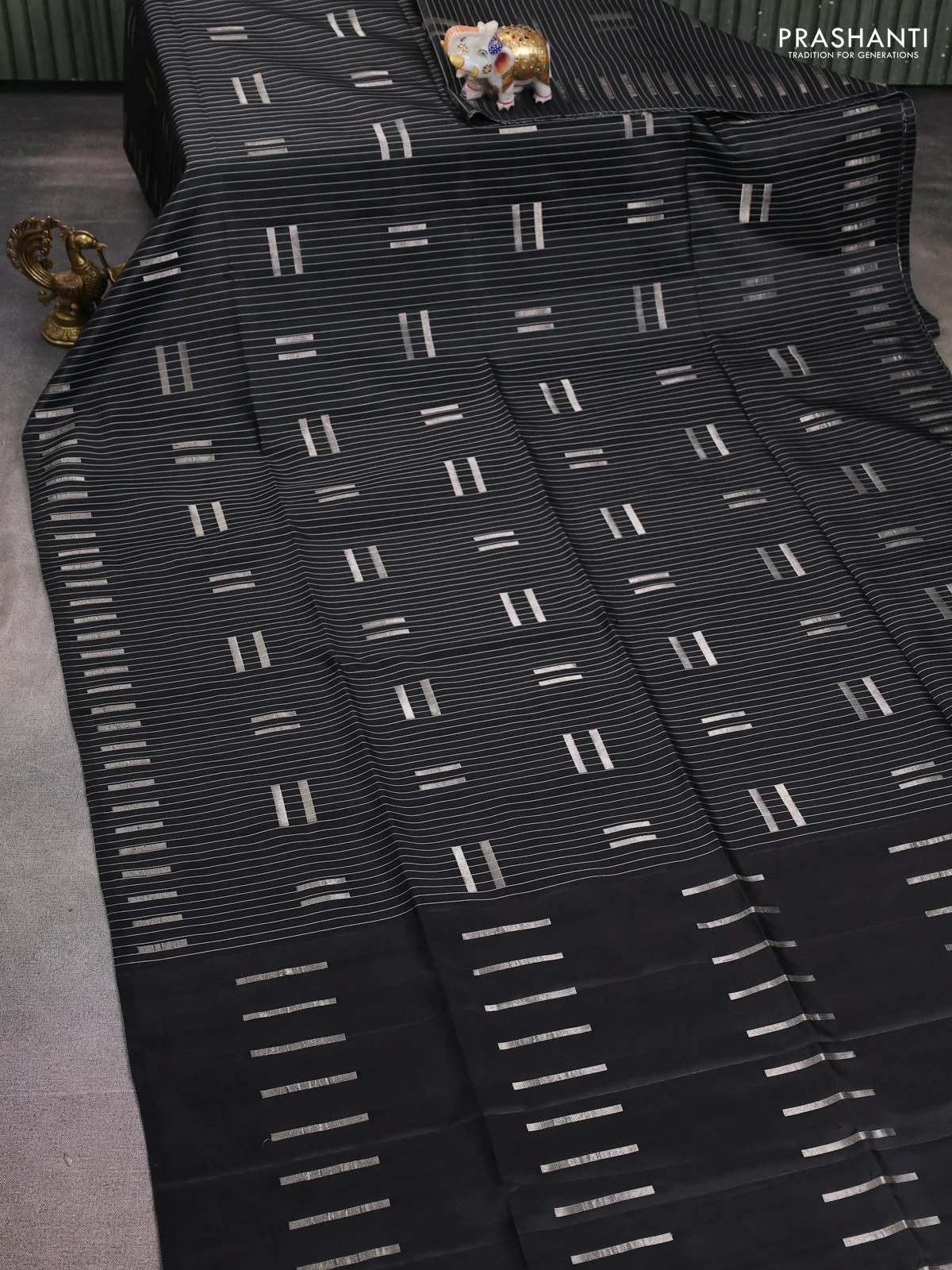 Pure soft silk saree black with allover stripe pattern & zari buttas and zari woven butta border - Image 2