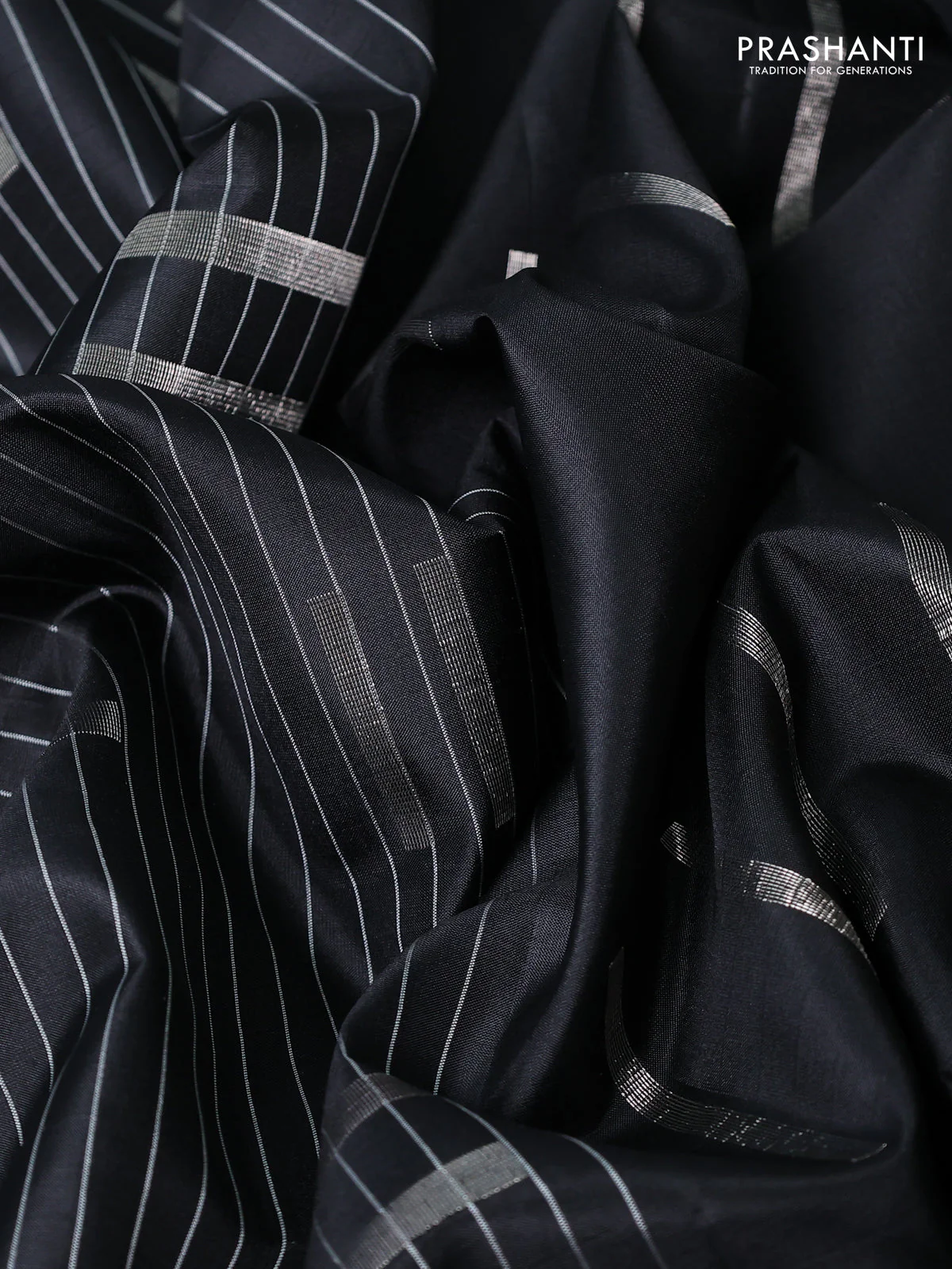 Pure soft silk saree black with allover stripe pattern & zari buttas and zari woven butta border - Image 3