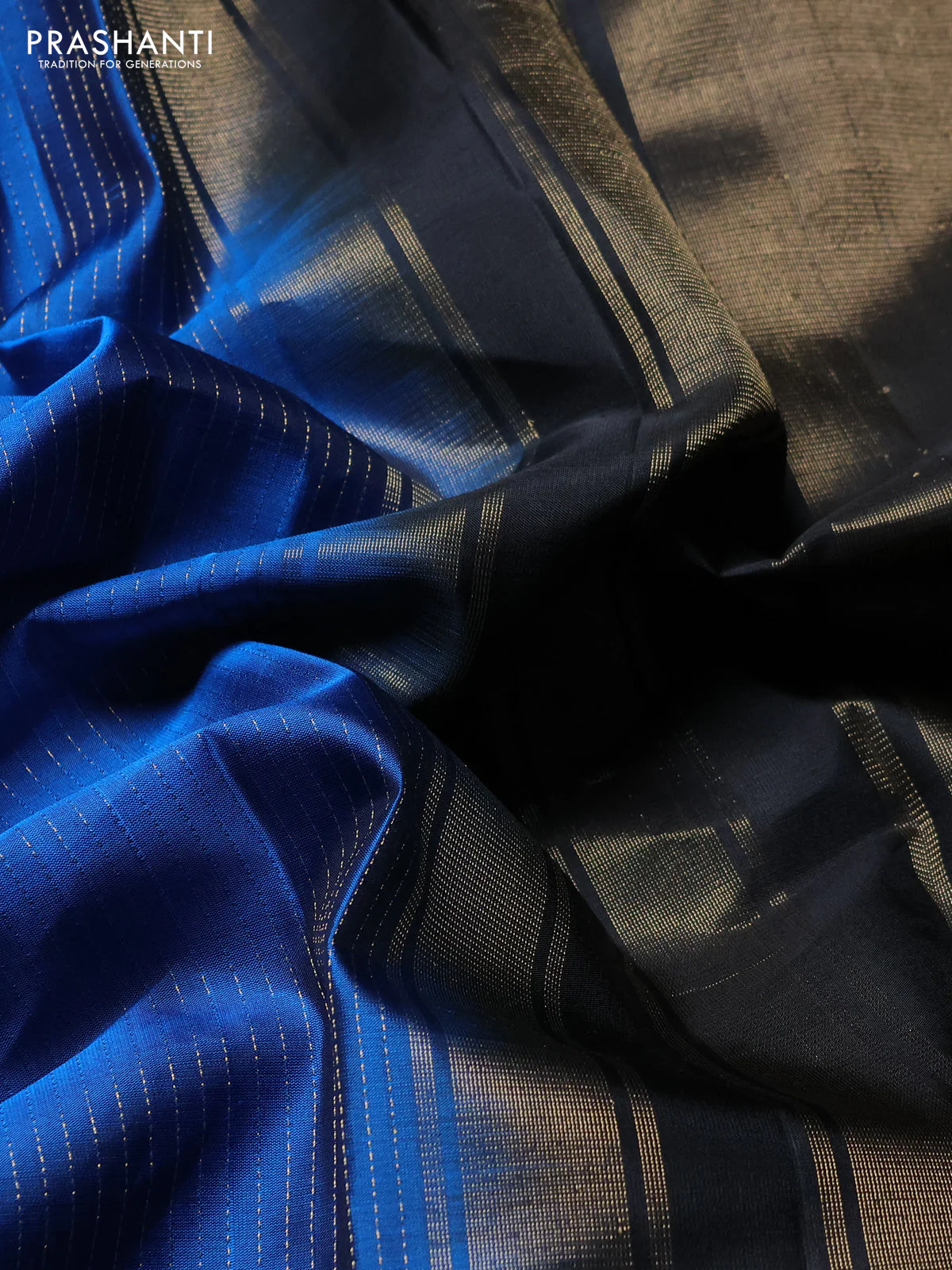 Pure soft silk saree blue and black with allover zari stripes pattern and rettapet zari woven border - Image 3