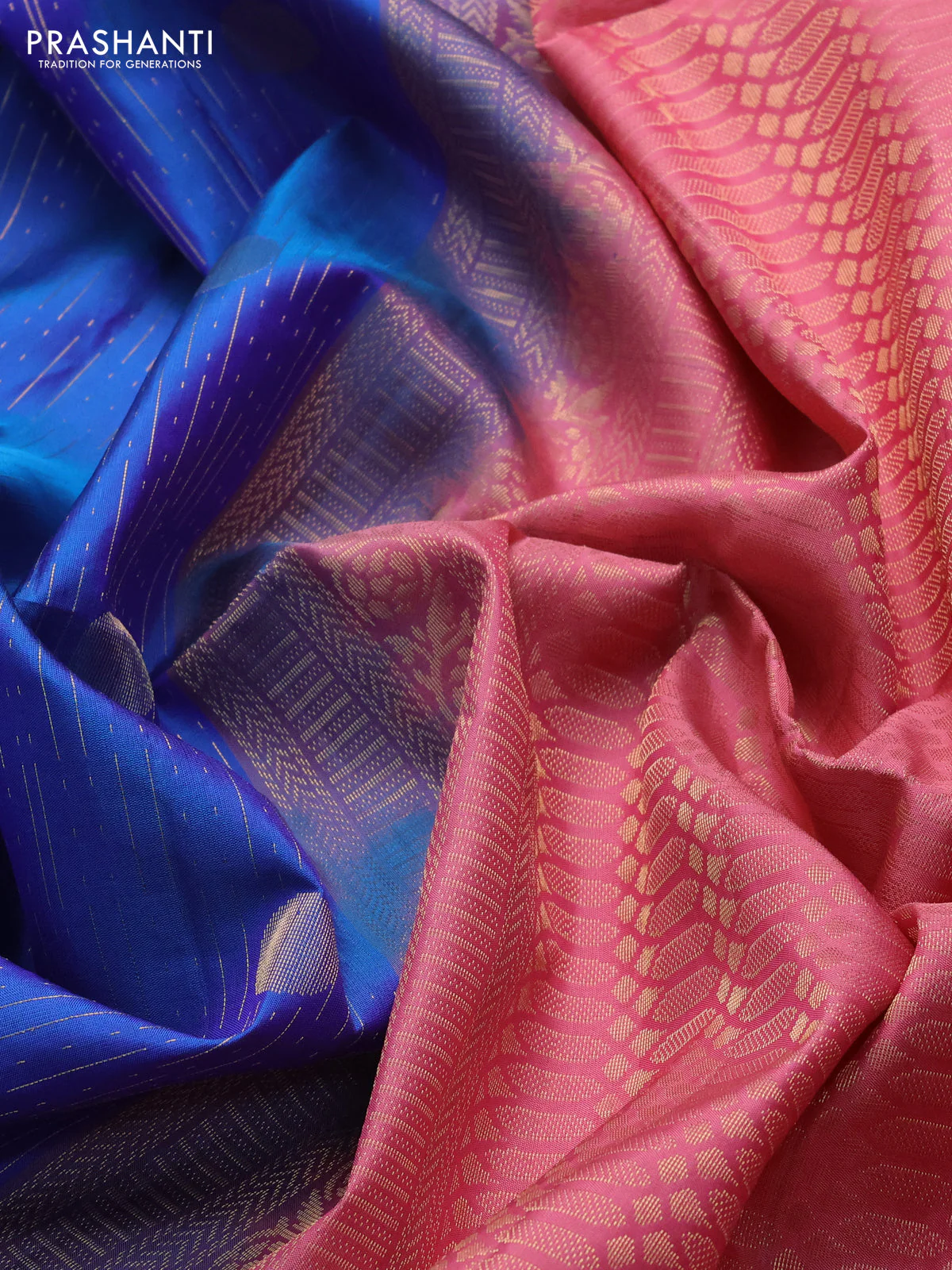 Pure soft silk saree blue and peach pink with allover zari weaves and zari woven border - Image 3