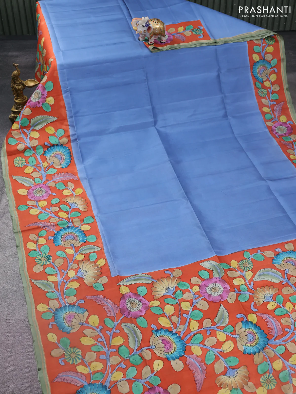 Pure soft silk saree blue shade and orange with plain body and kalamkari hand painted border & pallu - Image 2