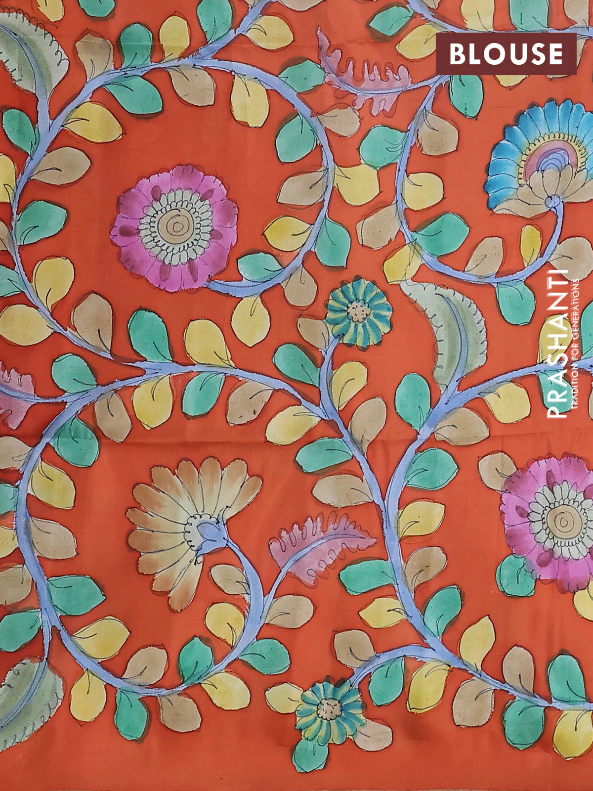 Pure soft silk saree blue shade and orange with plain body and kalamkari hand painted border & pallu - Image 3