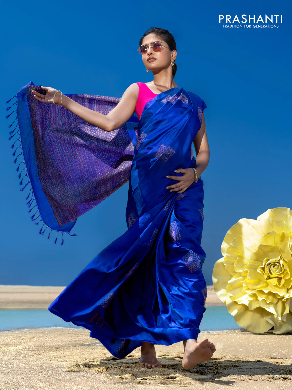 Pure soft silk saree blue with thread woven buttas in borderless style