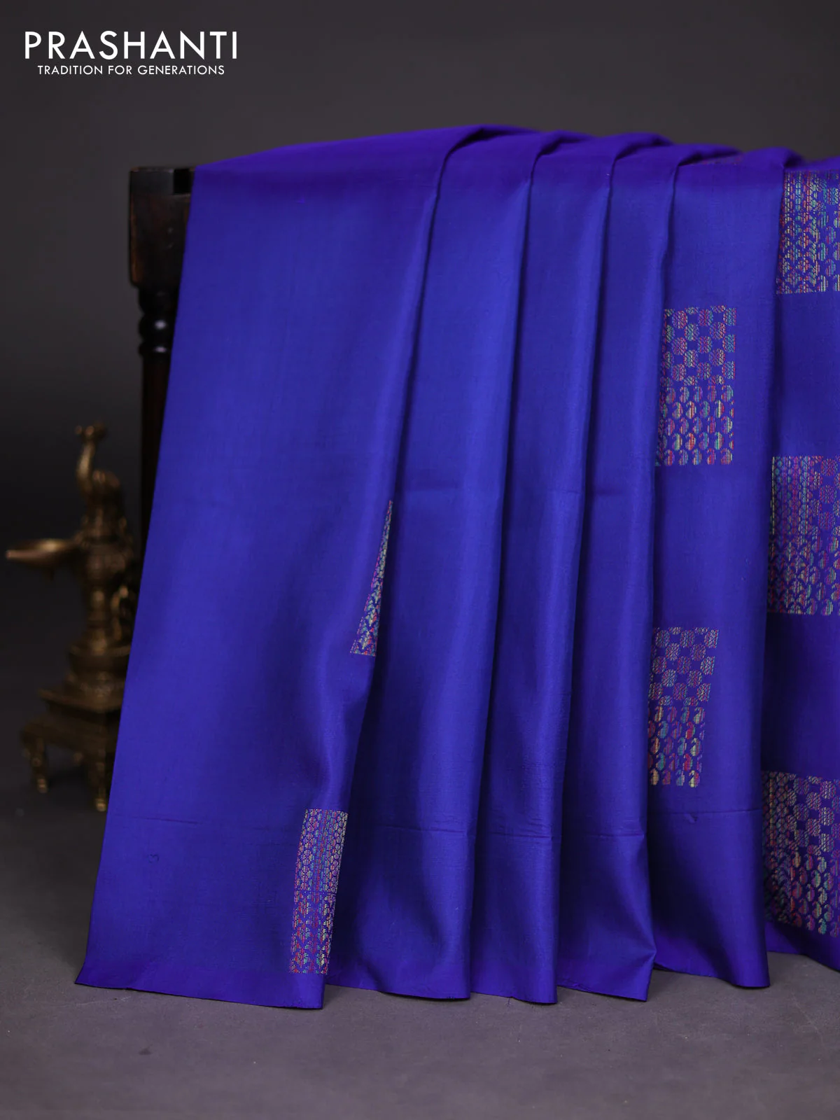 Pure soft silk saree blue with thread woven buttas in borderless style - Image 2