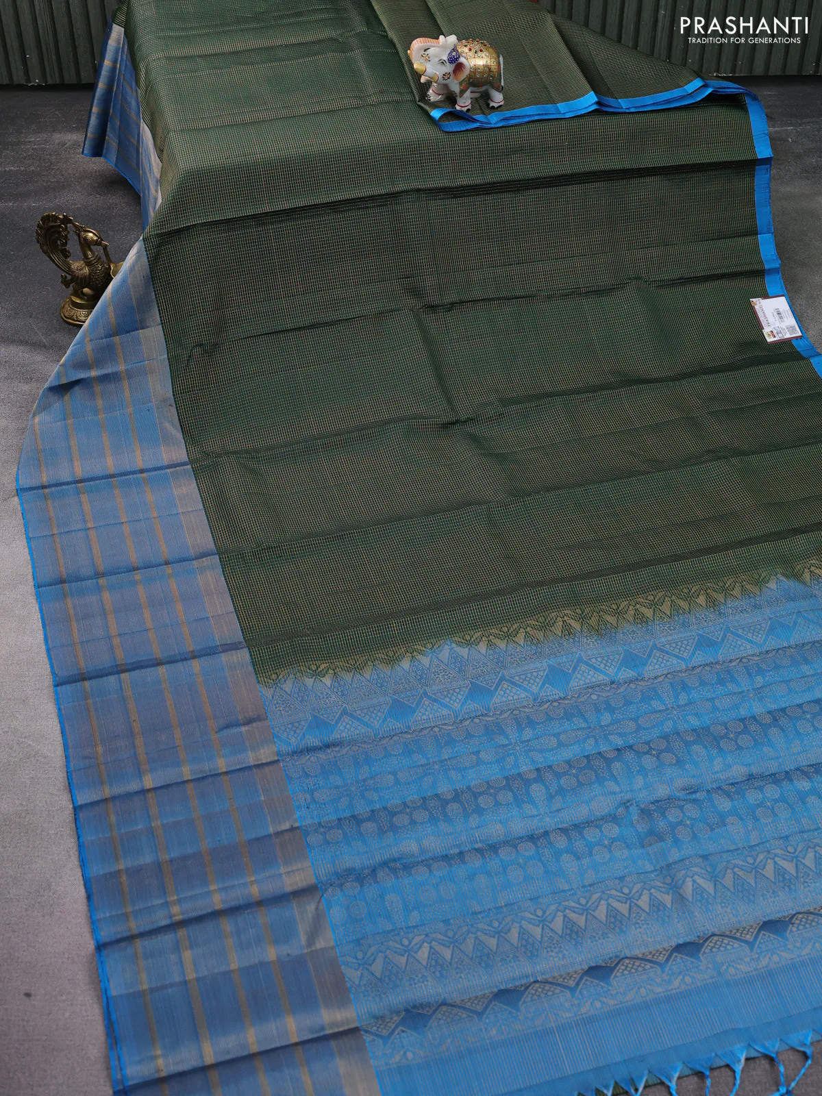 Pure soft silk saree bottle green and cs blue with allover small zari checked pattern and long zari woven border - Image 2