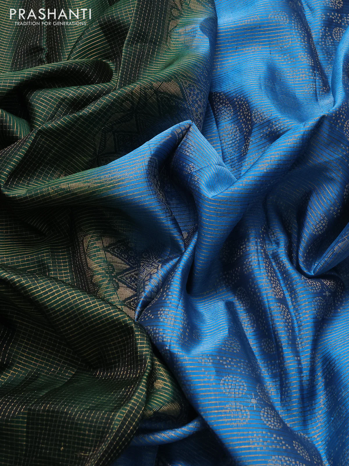 Pure soft silk saree bottle green and cs blue with allover small zari checked pattern and long zari woven border - Image 3