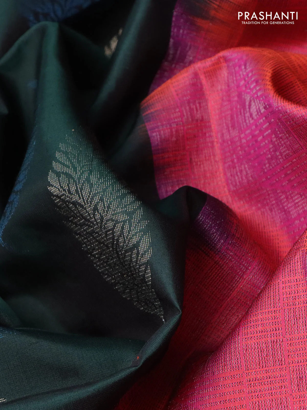 Pure soft silk saree bottle green and dual shade of pink with allover zari weaves & leaf buttas in borderless style - Image 3