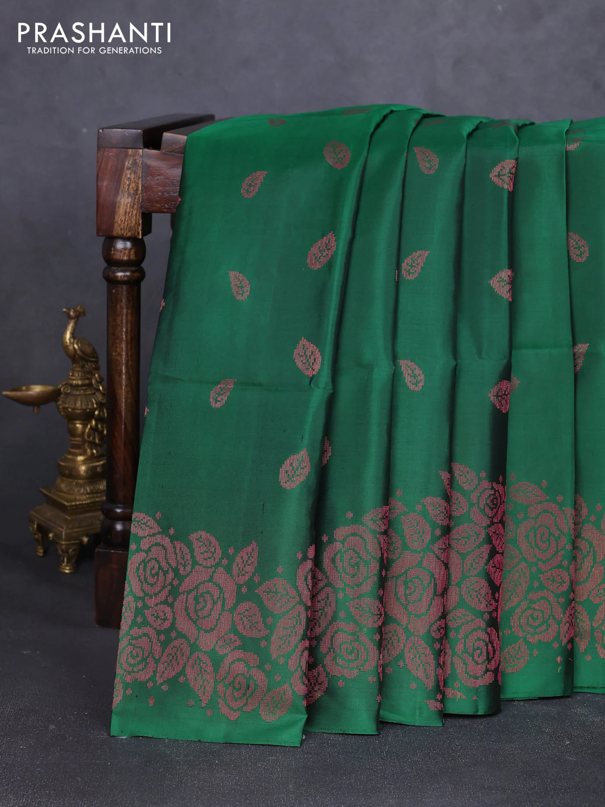 Pure soft silk saree bottle green with allover thread & zari woven buttas and thread & zari woven border