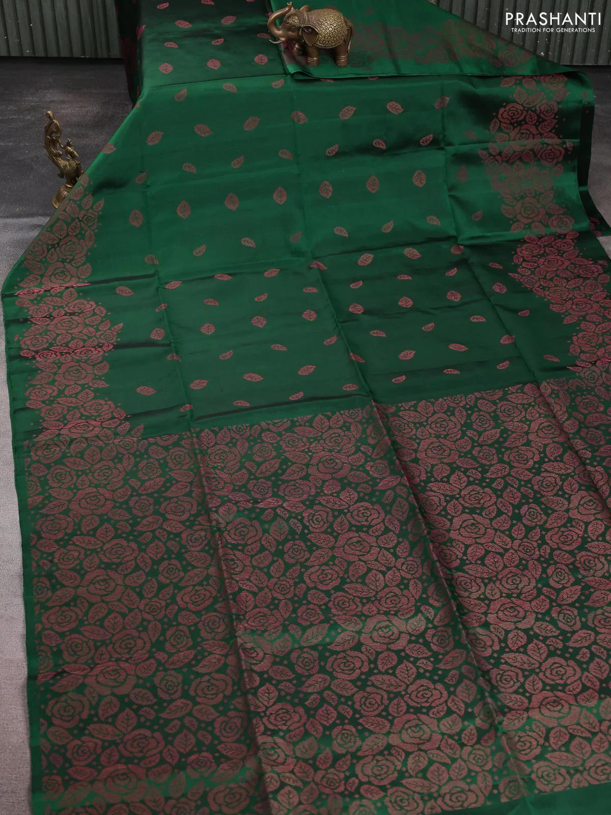 Pure soft silk saree bottle green with allover thread & zari woven buttas and thread & zari woven border - Image 2