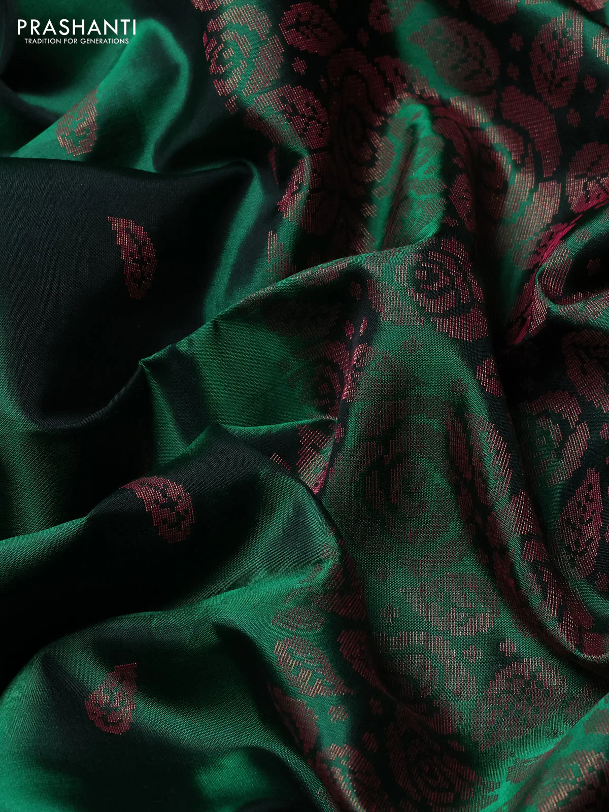 Pure soft silk saree bottle green with allover thread & zari woven buttas and thread & zari woven border - Image 3