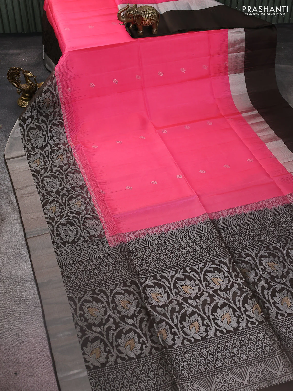 Pure soft silk saree candy pink and brown with silver zari woven buttas and rich silver zari woven border - Image 2
