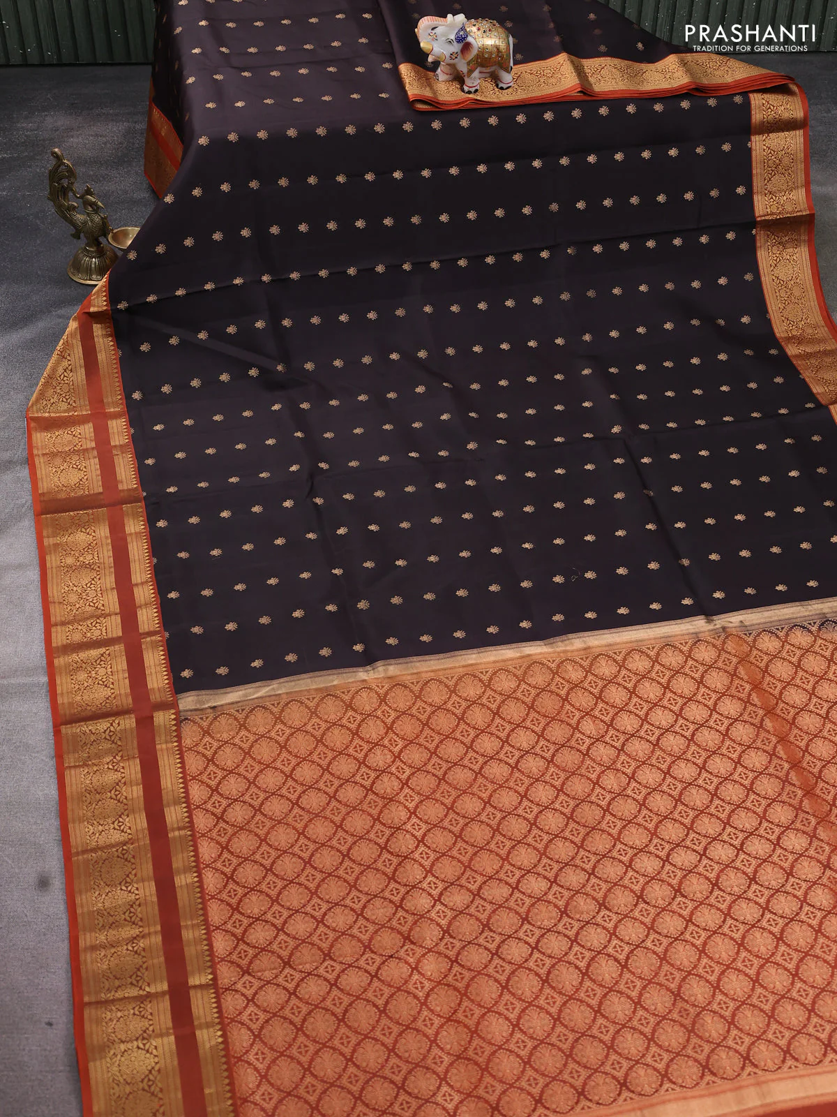 Pure soft silk saree coffee brown and rustic orange with allover zari woven buttas and zari woven border - Image 2