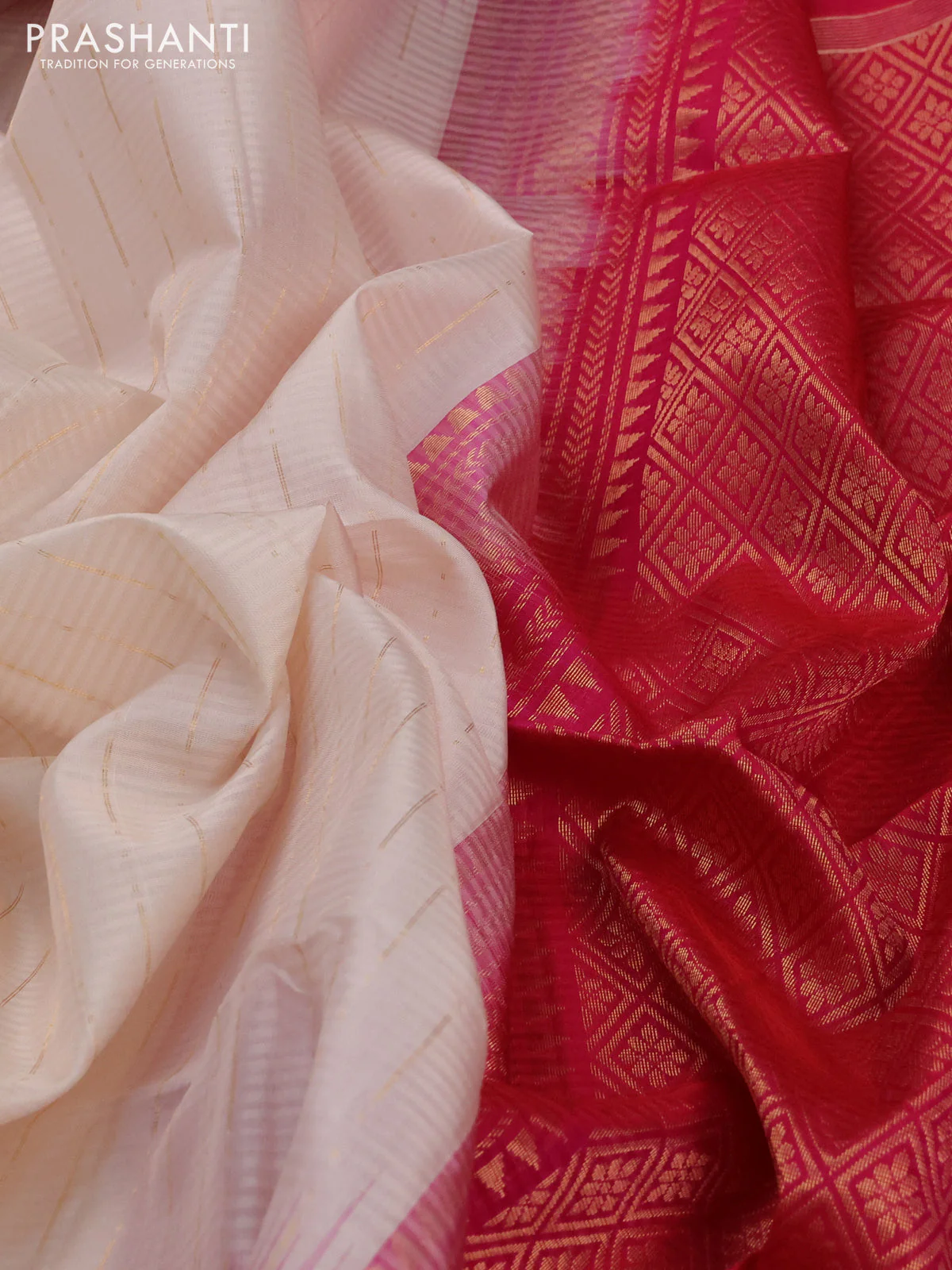 Pure soft silk saree cream and pink with allover zari weaves and zari woven simple border - Image 3