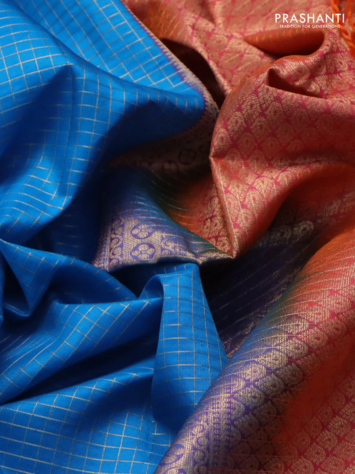 Pure soft silk saree cs blue and dual shade of pinkish orange with allover small zari checked pattern and zari woven border - Image 3