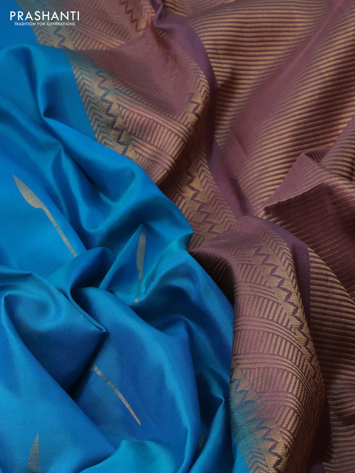 Pure soft silk saree cs blue and mauve pink with zari woven buttas in borderless style - Image 3