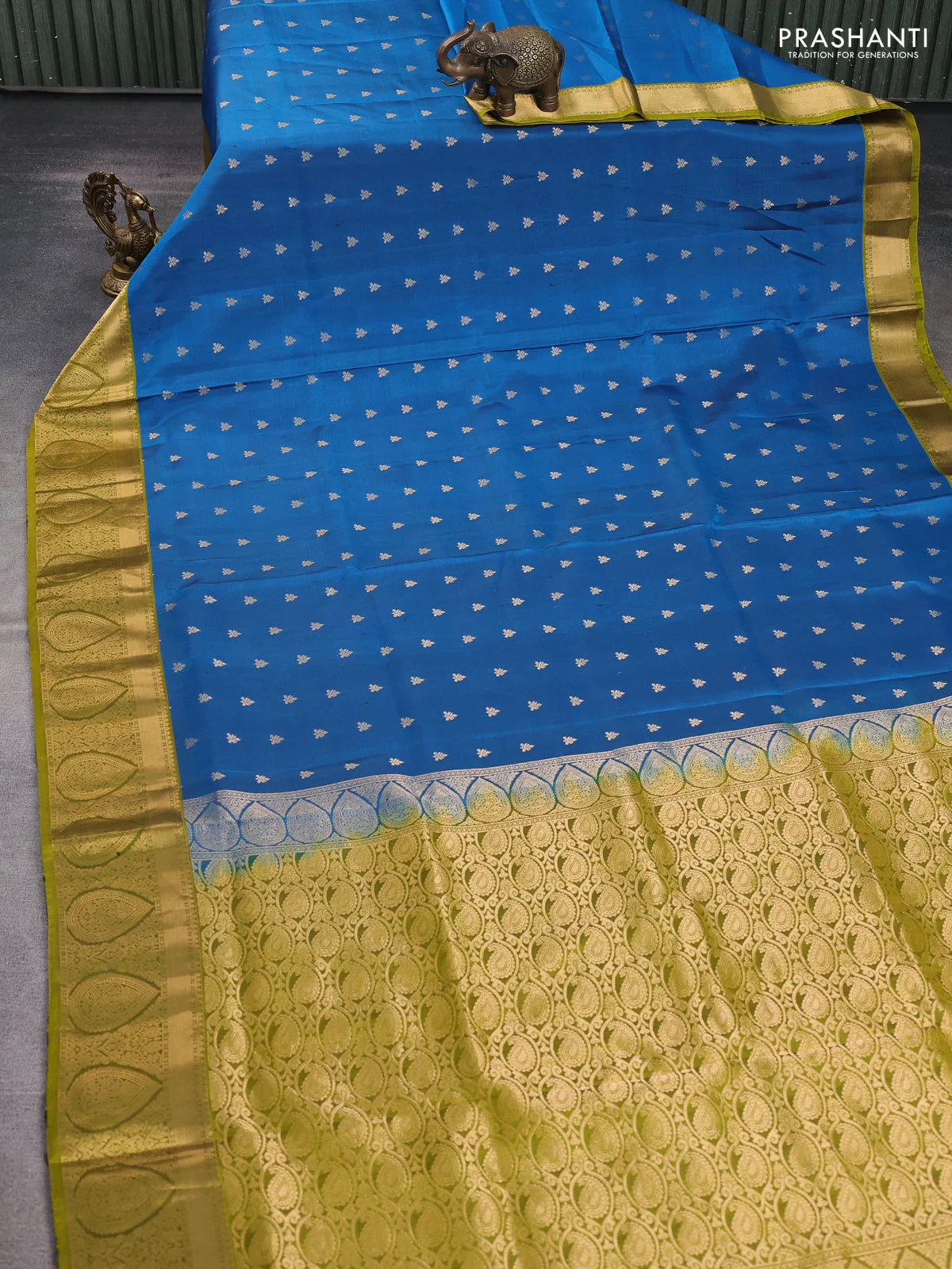Pure soft silk saree cs blue and mehendi green with allover zari woven buttas and rich zari woven border - Image 2
