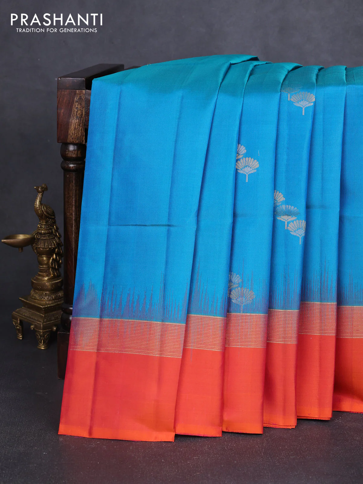 Pure soft silk saree cs blue and orange with zari woven buttas and zari woven simple border