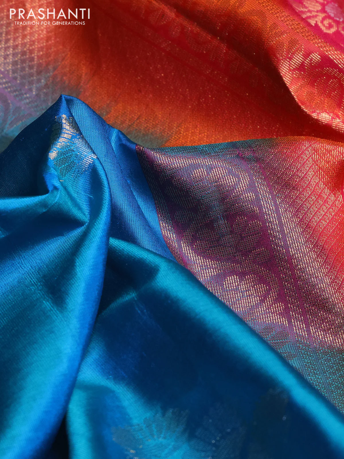 Pure soft silk saree cs blue and orange with zari woven buttas and zari woven simple border - Image 3