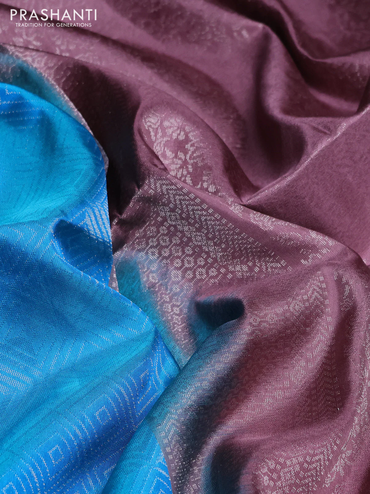 Pure soft silk saree cs blue and pastel purple with allover brocade weaves in borderless style - Image 3