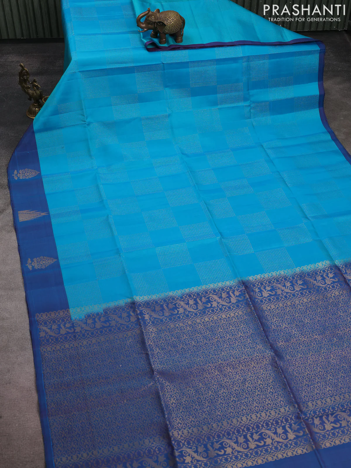 Pure soft silk saree cs blue and teal blue with allover zari weaves and temple zari woven border - Image 2