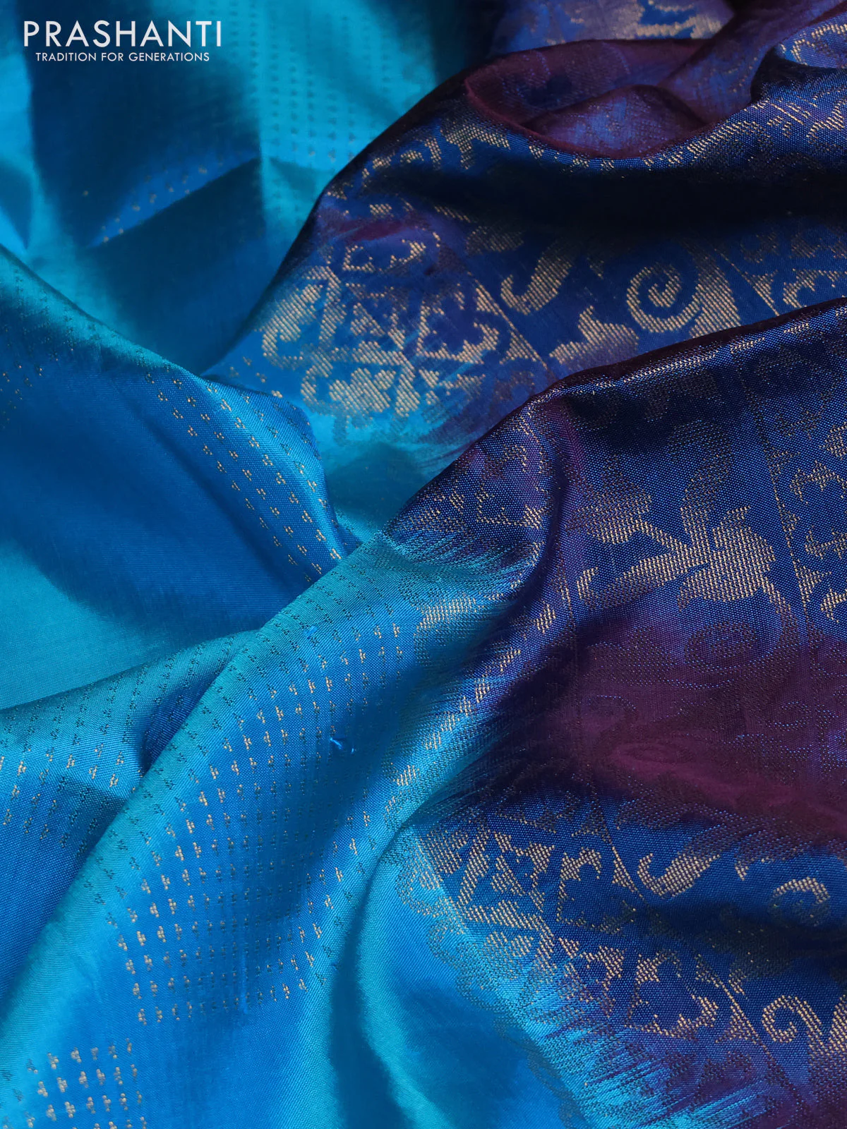 Pure soft silk saree cs blue and teal blue with allover zari weaves and temple zari woven border - Image 3