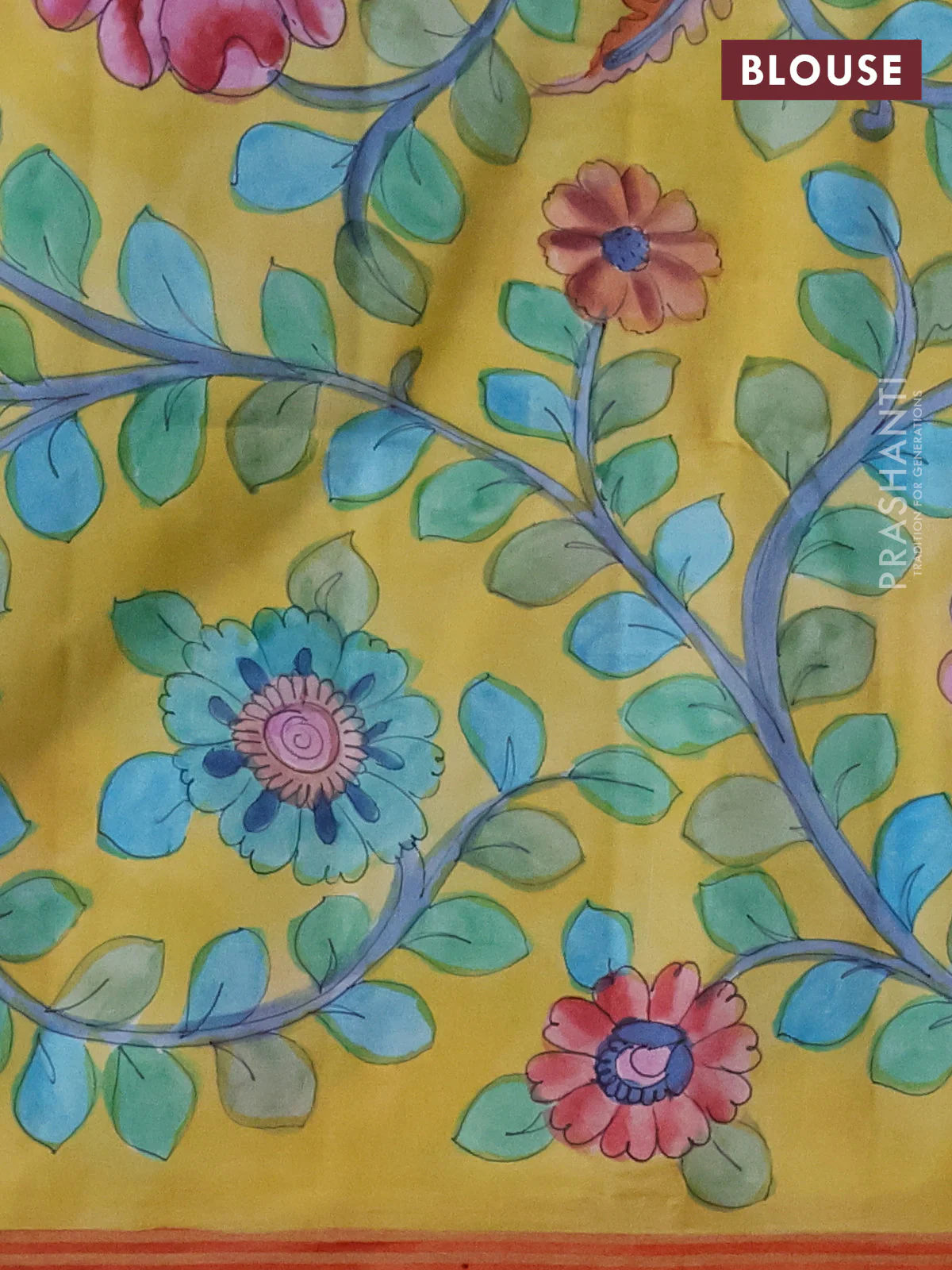 Pure soft silk saree cs blue and yellow with plain body and kalamkari hand painted border & pallu - Image 3