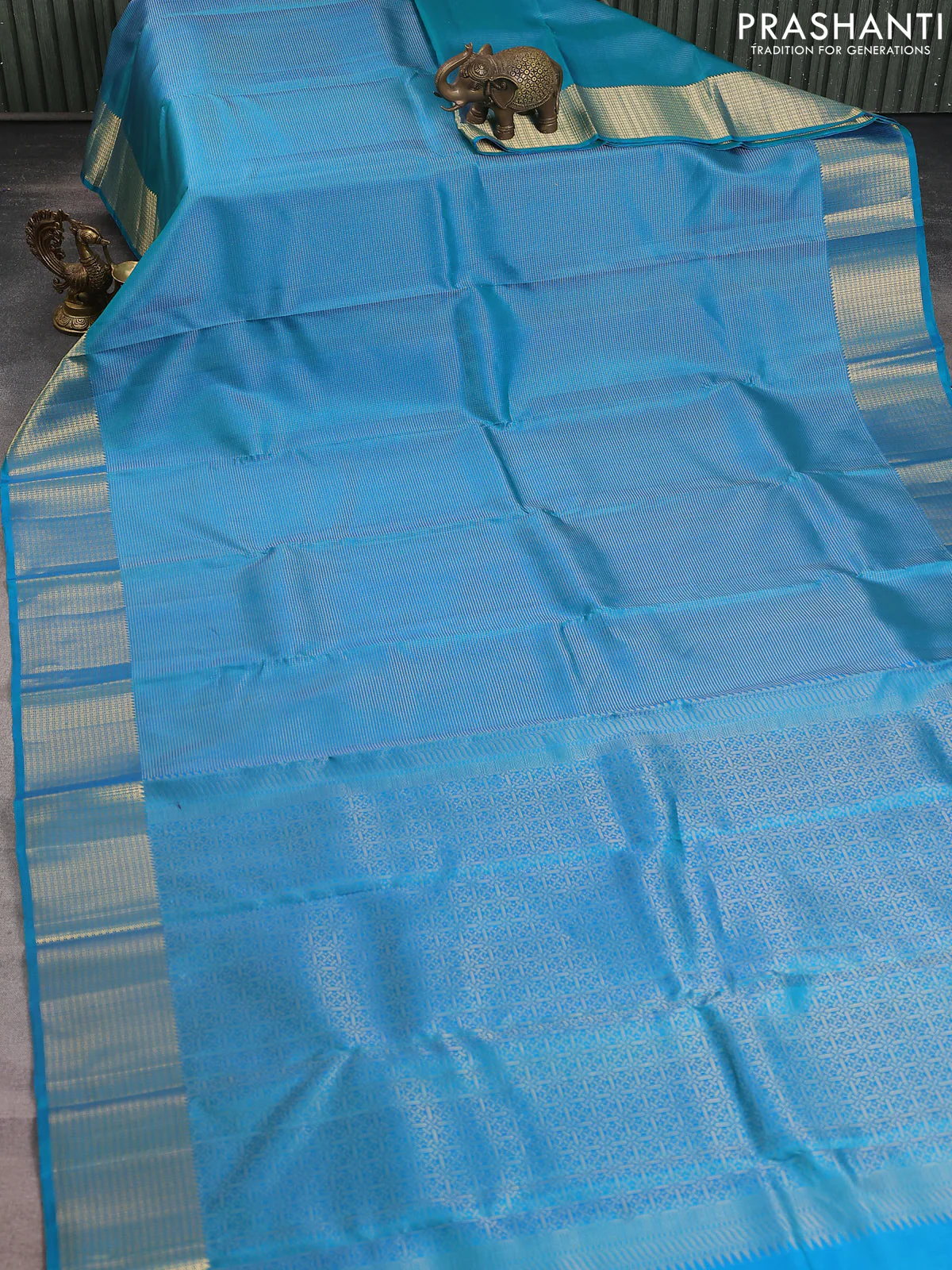 Pure soft silk saree cs blue with allover zari brocade weaves and zari woven border - Image 2