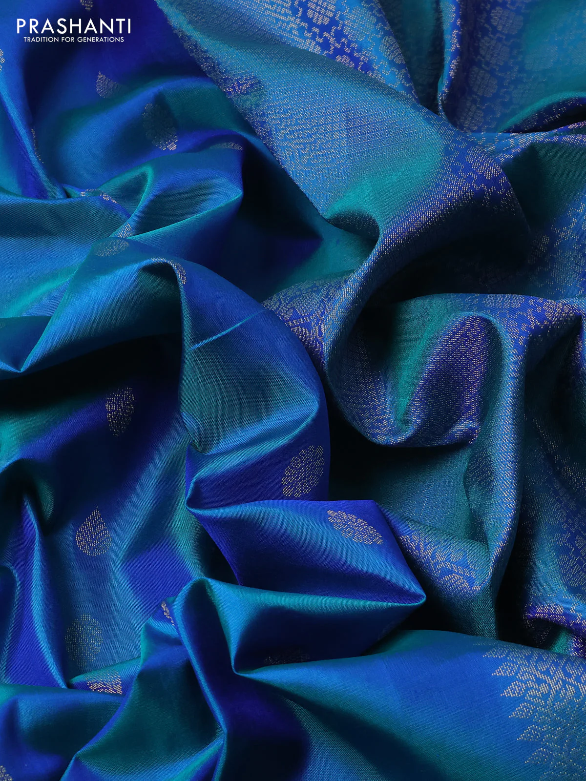 Pure soft silk saree cs blue with allover zari woven buttas and zari woven border - Image 3