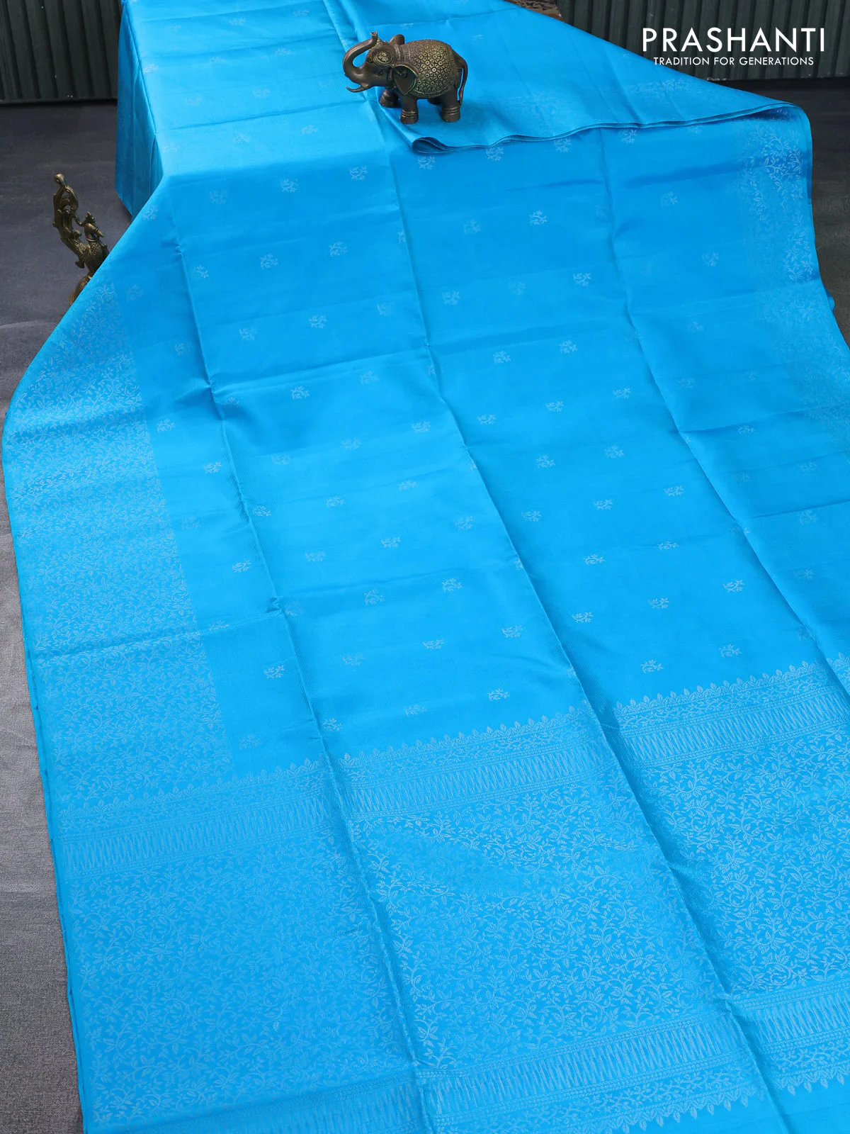 Pure soft silk saree cs blue with silver zari woven buttas and rich silver zari woven border - Image 2