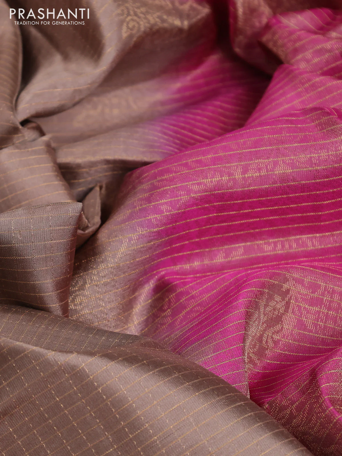 Pure soft silk saree dark beige and pink with allover small zari checks & buttas and rettapet zari woven border - Image 3