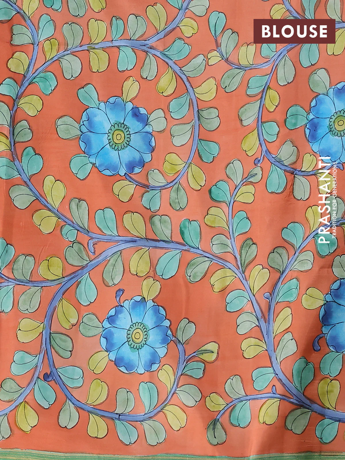 Pure soft silk saree dark green and orange with plain body and kalamkari hand painted pallu - Image 3