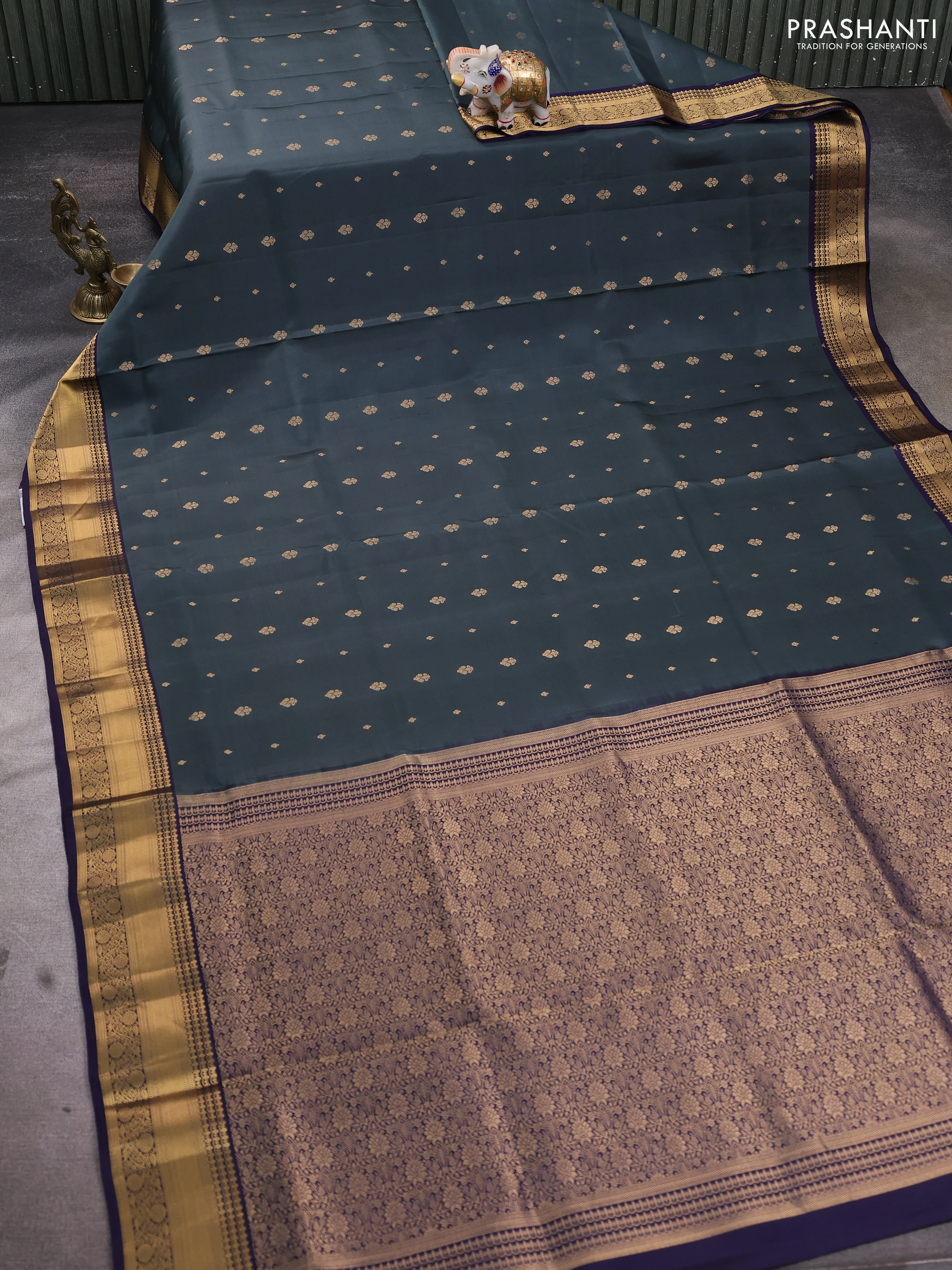 Pure soft silk saree dark grey and navy blue with allover zari woven buttas and rich zari woven border - Image 2