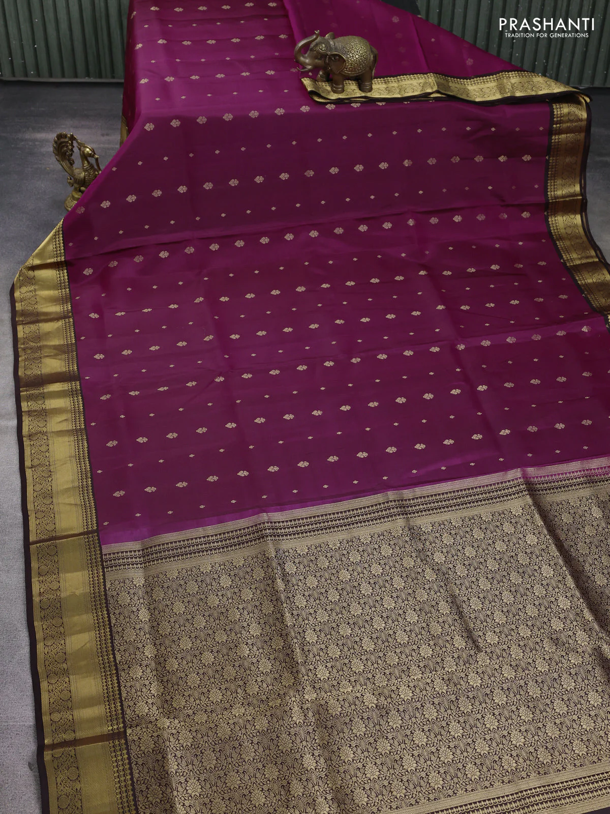 Pure soft silk saree dark magenta pink and coffee brown with allover zari woven buttas and rich zari woven border - Image 2