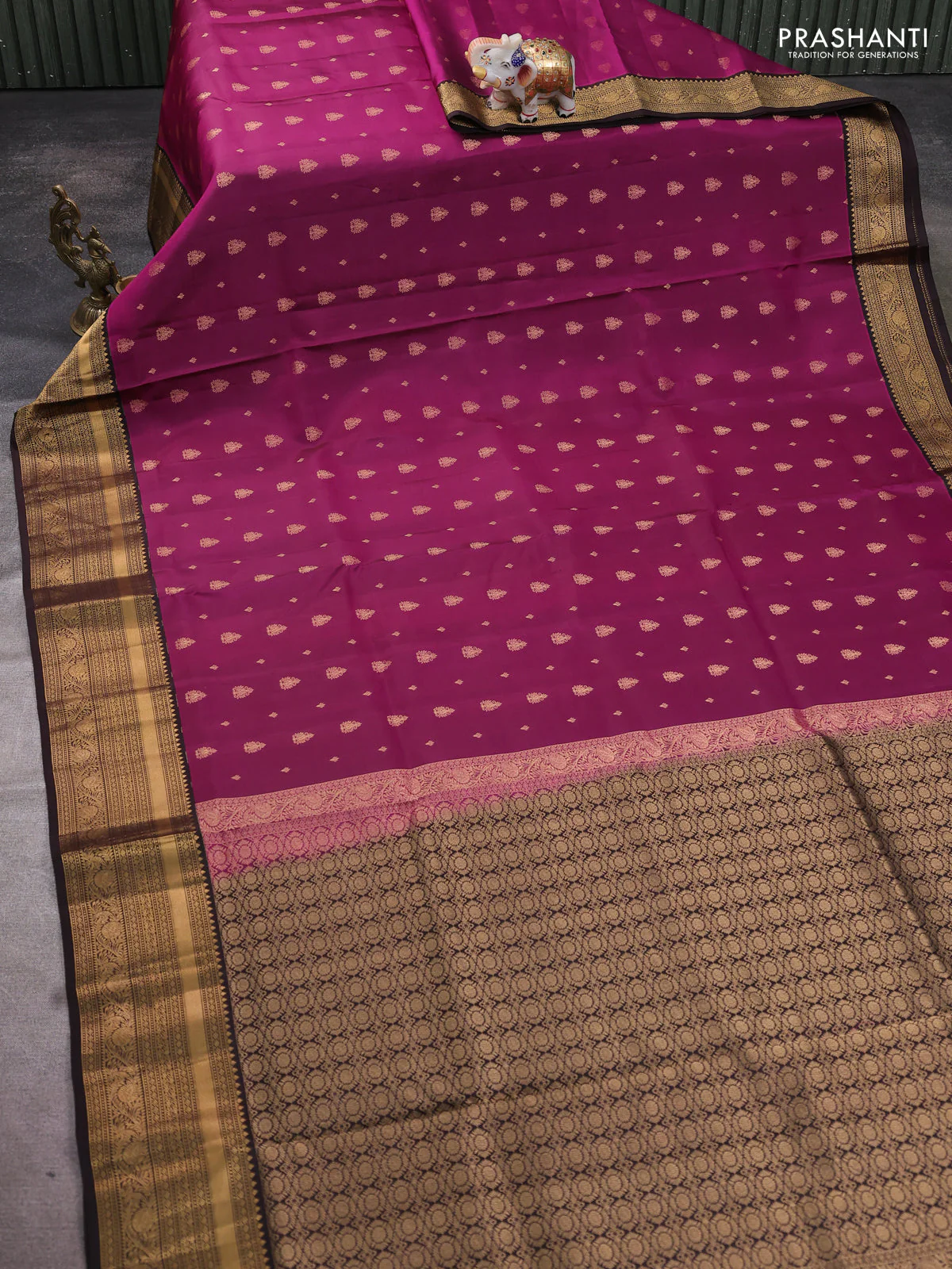 Pure soft silk saree dark magenta pink and coffee brown with allover zari woven buttas and rich zari woven border - Image 2