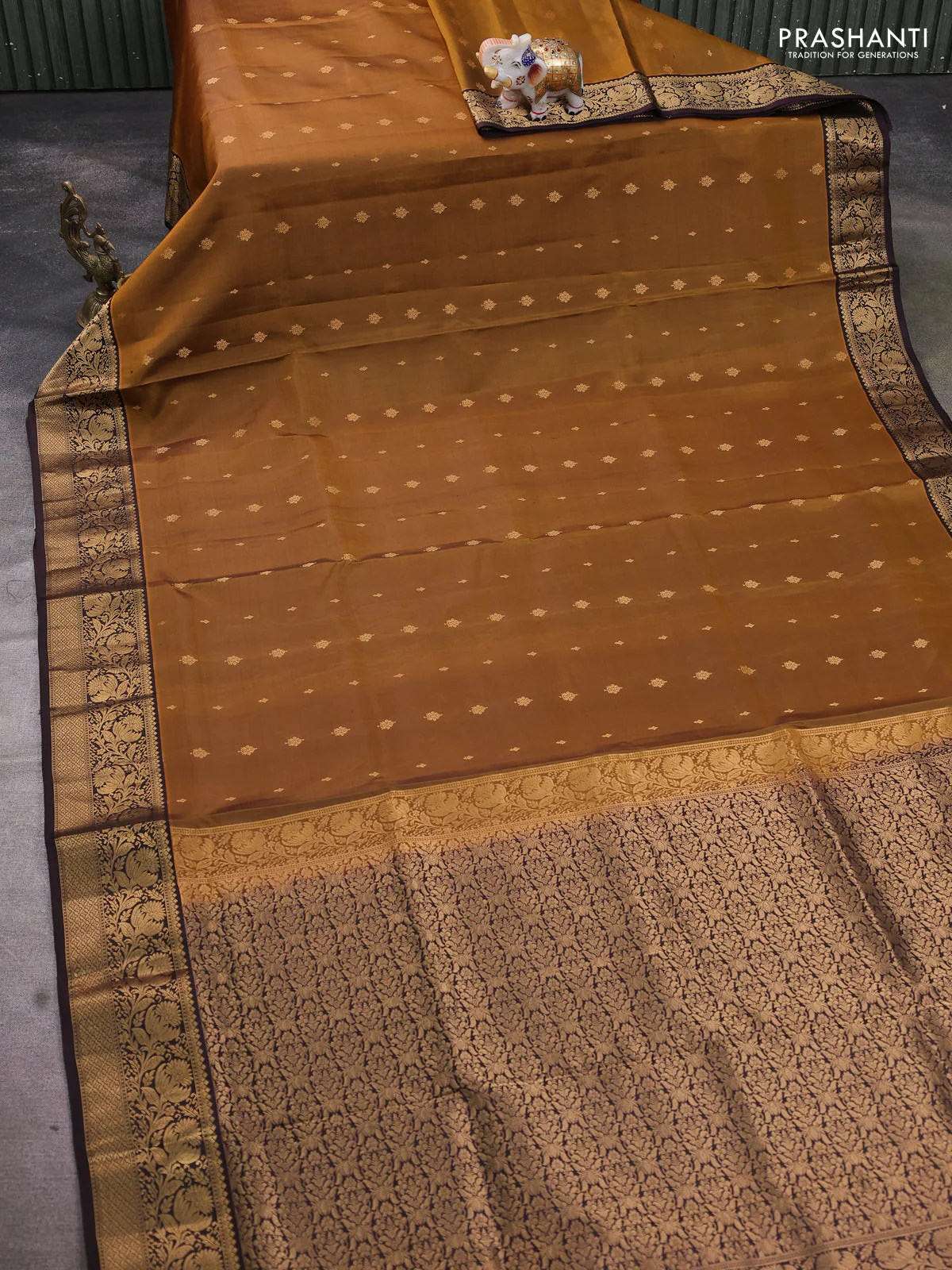 Pure soft silk saree dark mustard and coffee brown with allover zari woven buttas and rich zari woven floral border - Image 2