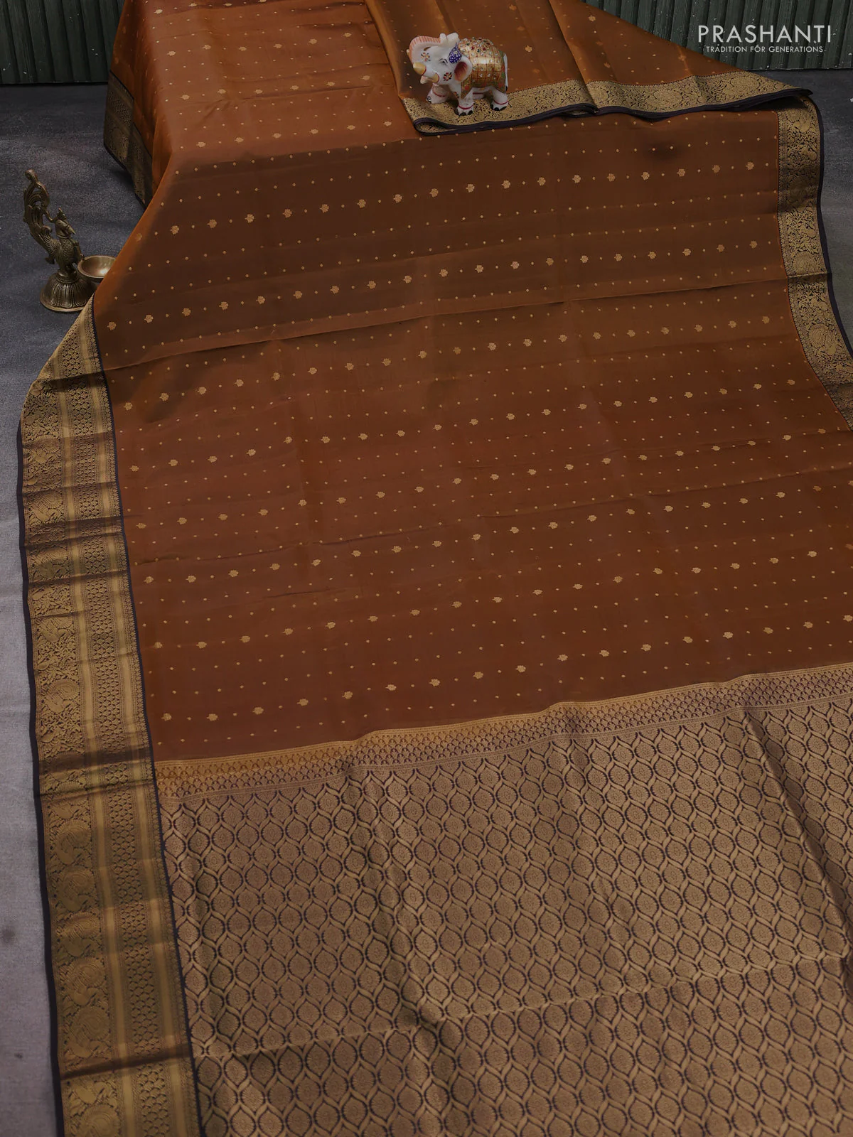 Pure soft silk saree dark mustard and coffee brown with allover zari woven buttas and zari woven annam border - Image 2