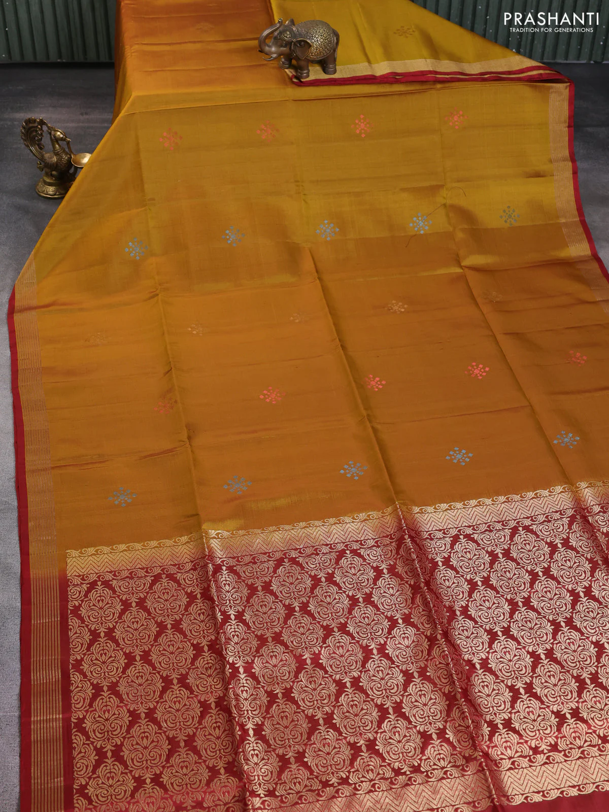 Pure soft silk saree dark mustard and maroon with zari woven buttas and zari woven border - Image 2