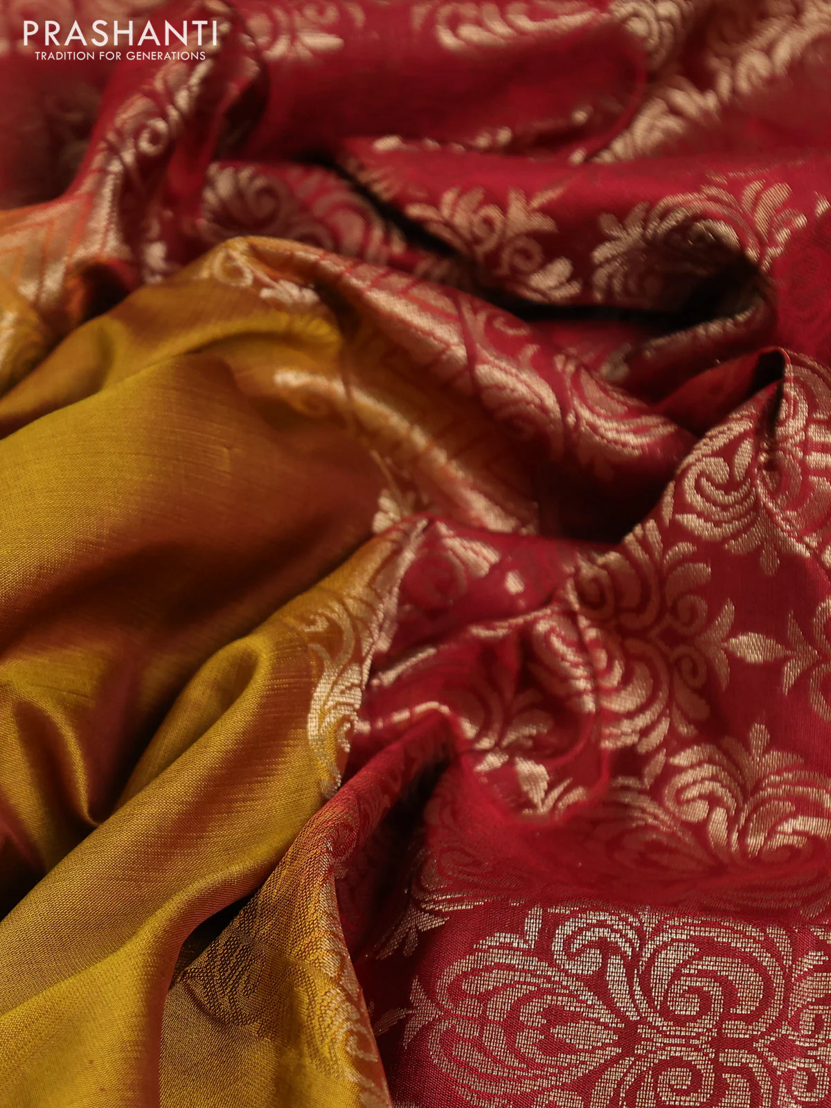 Pure soft silk saree dark mustard and maroon with zari woven buttas and zari woven border - Image 3