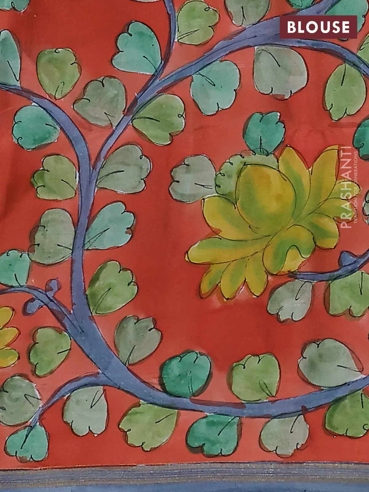 Pure soft silk saree dark navy blue and orange with plain body and kalamkari hand painted pallu - Image 3