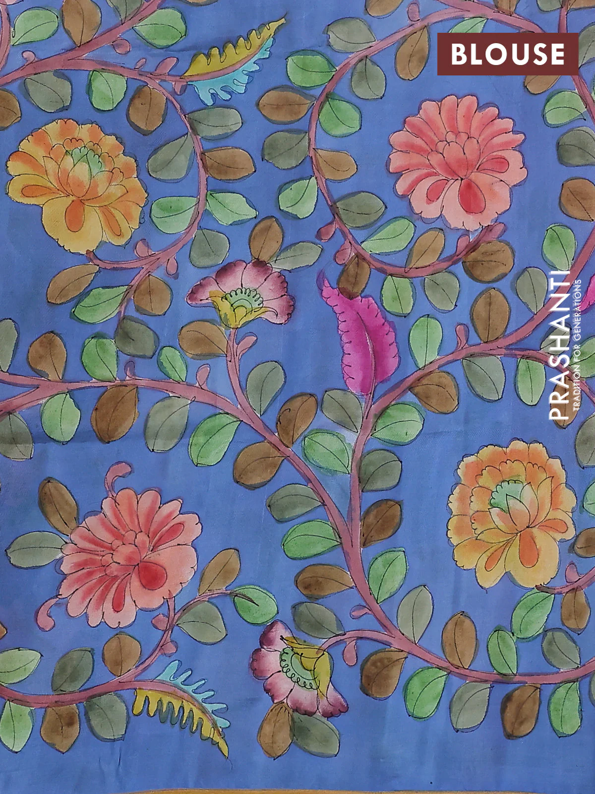Pure soft silk saree dark peach and blue with plain body and kalamkari hand painted border & pallu - Image 3