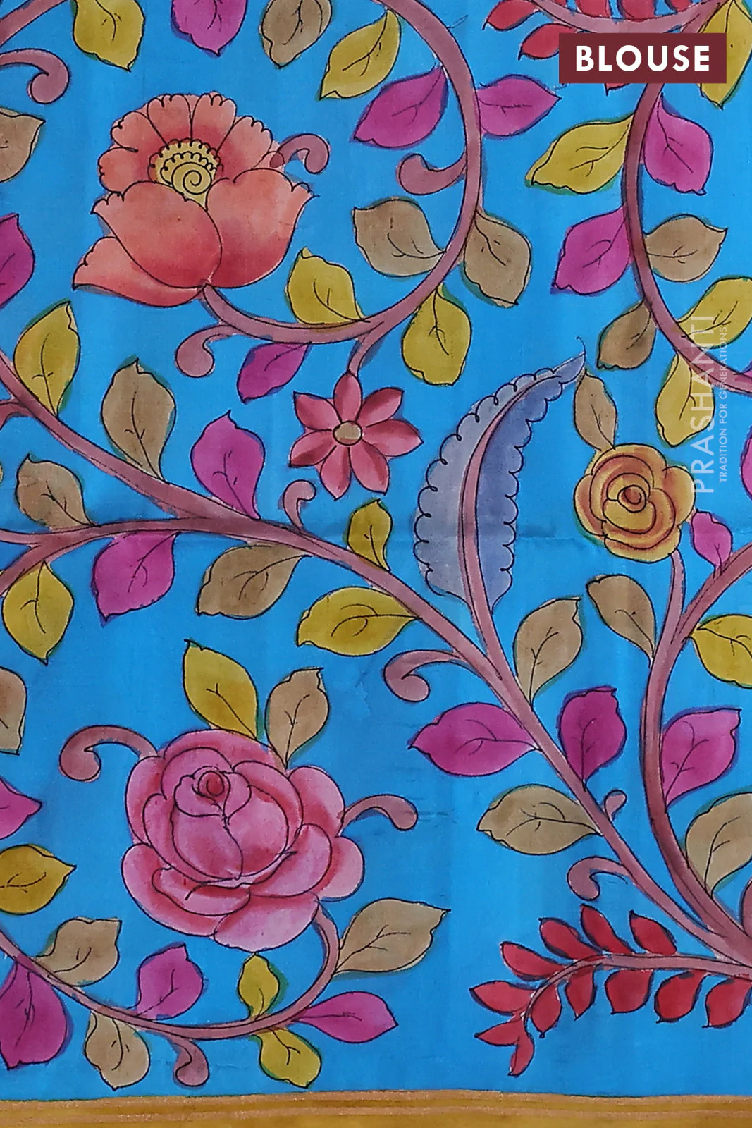 Pure soft silk saree dark peach and cs blue with plain body and kalamkari hand painted border & pallu - Image 3