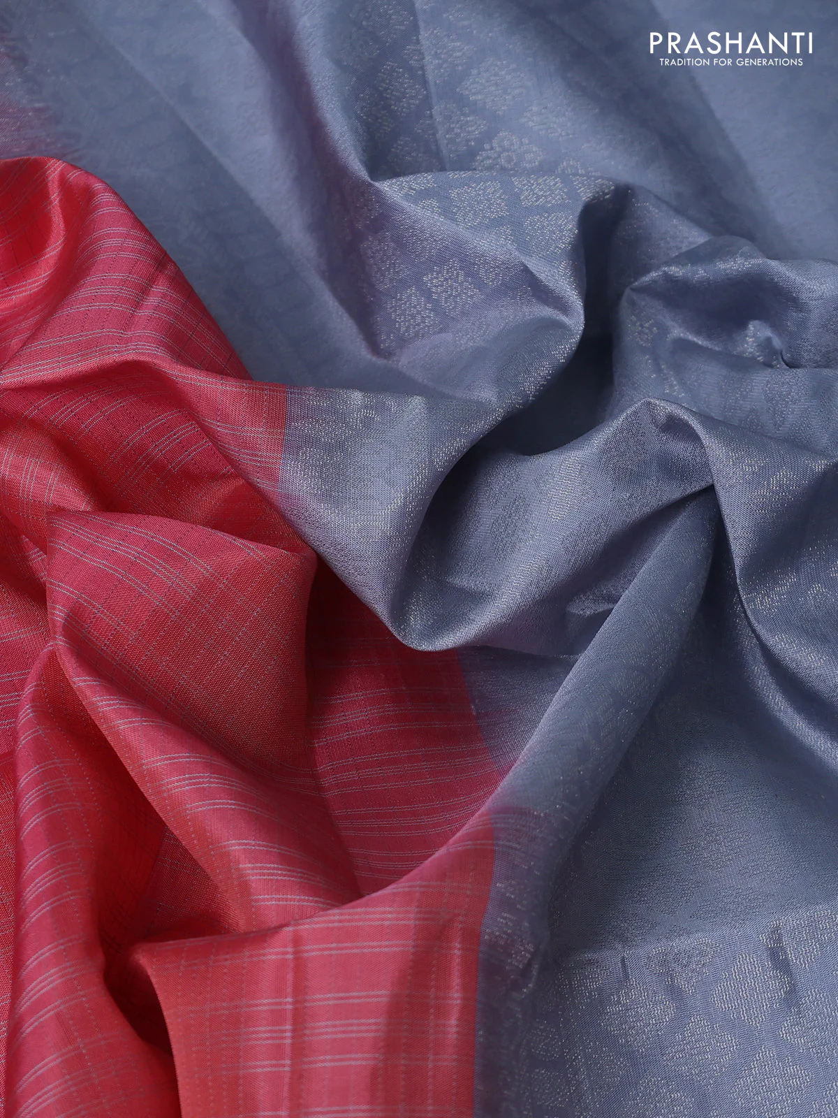 Pure soft silk saree dark peach and grey with allover small checked pattern and paisley thread woven butta border - Image 3