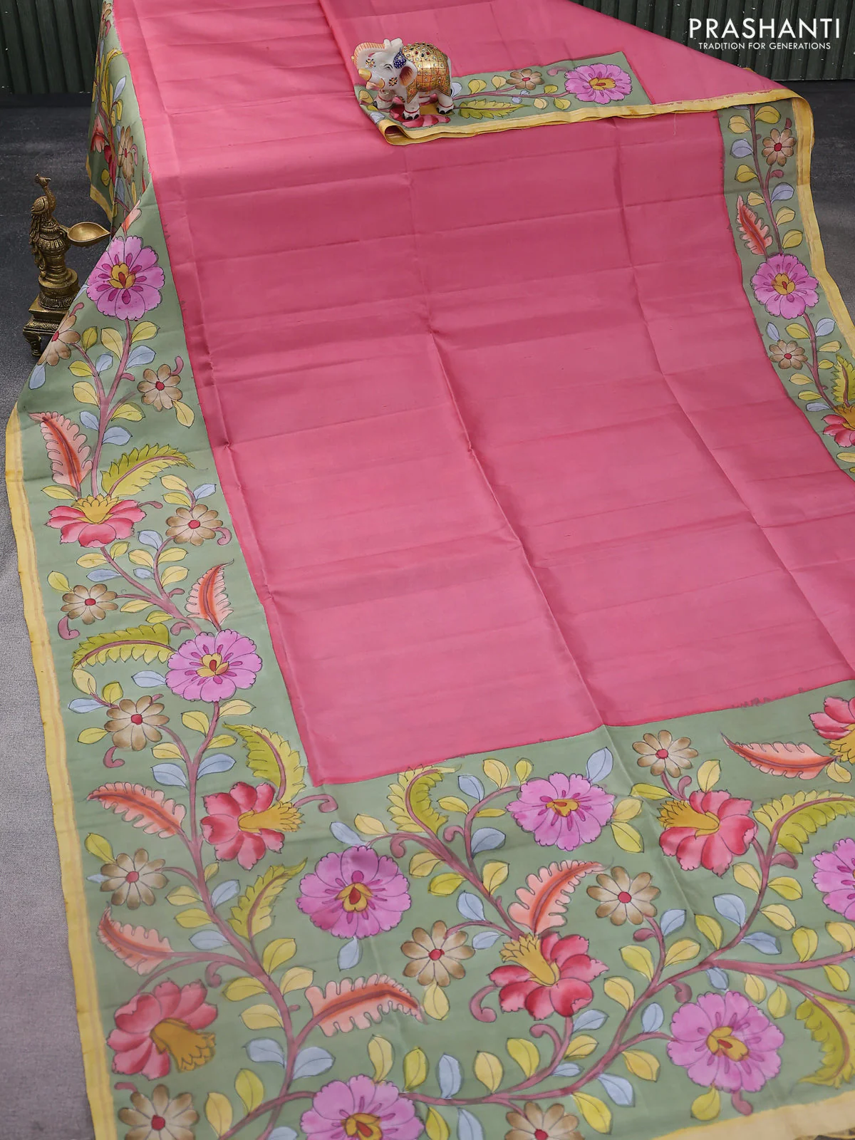 Pure soft silk saree dark peach and pastel green with plain body and kalamkari hand painted border & pallu - Image 2