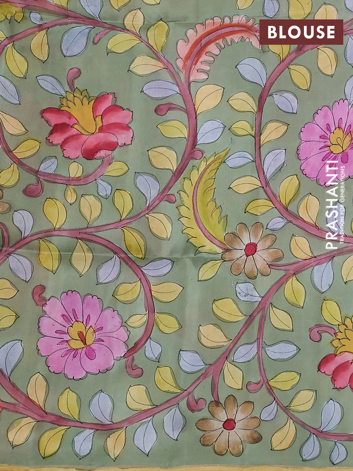 Pure soft silk saree dark peach and pastel green with plain body and kalamkari hand painted border & pallu - Image 3